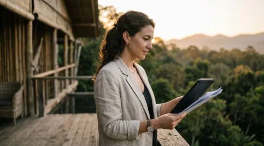 Guest examining eco-lodge sustainability credentials with natural outdoor setting