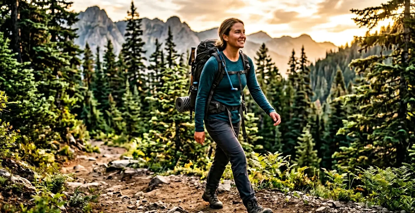 Close-up of outdoor adventurer wearing merino wool base layer on multi-day backcountry trail