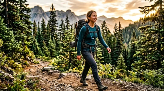 Close-up of outdoor adventurer wearing merino wool base layer on multi-day backcountry trail