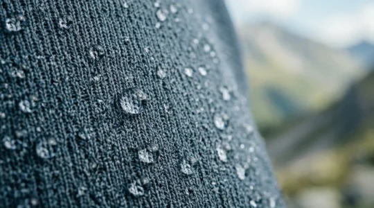 Close-up of synthetic moisture-wicking fabric fibers showing water repellency and thermal regulation technology