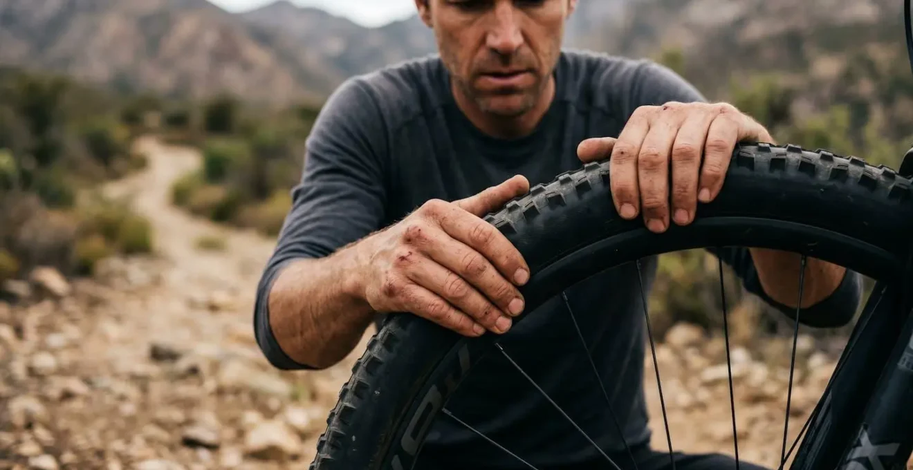 Cyclist hands testing tubeless mountain bike tire sidewall firmness on rocky trail