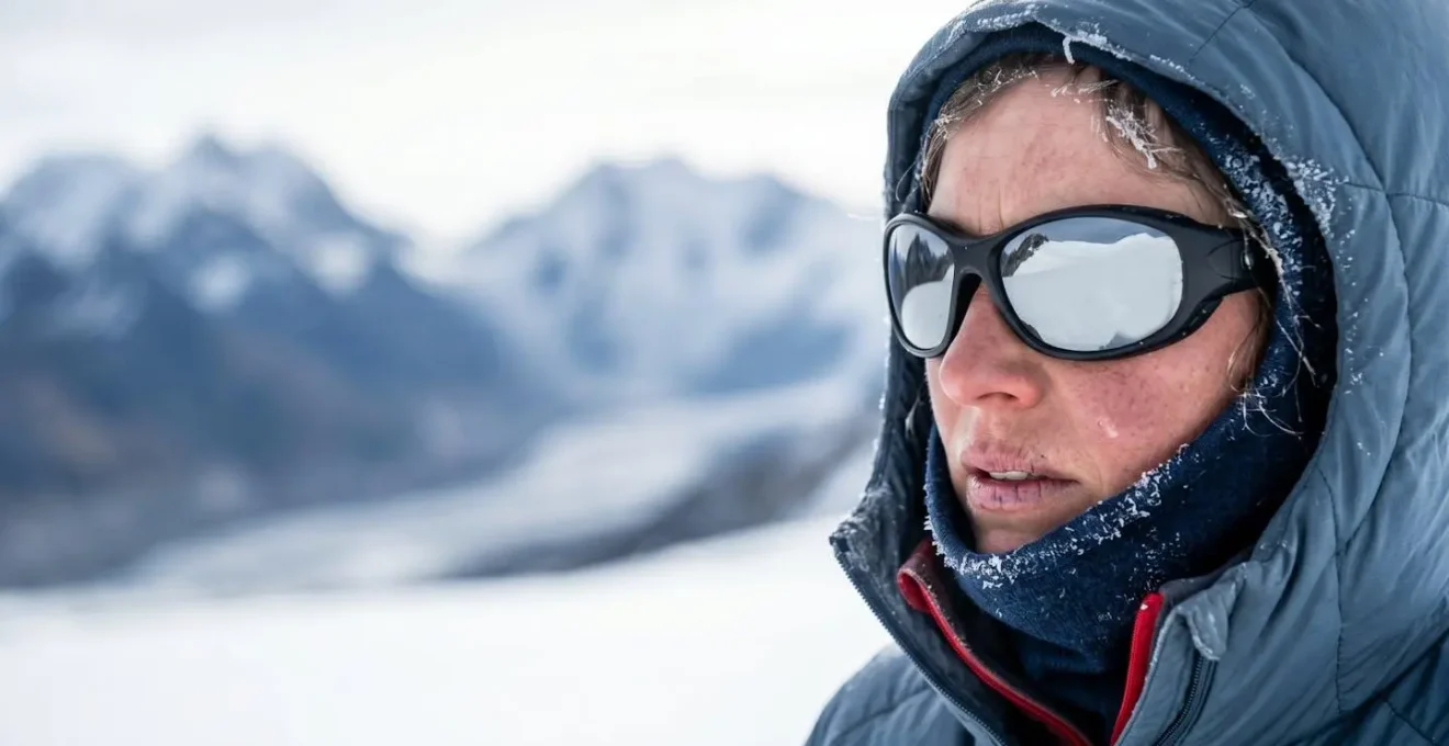 Portrait of alpine mountaineer wearing protective glacier goggles on high-altitude snowy ridge with intense reflected light