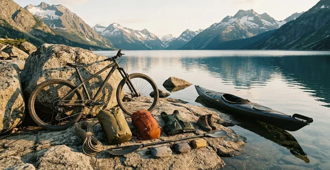 Wilderness adventurer transitioning between mountain biking and kayaking in remote natural setting