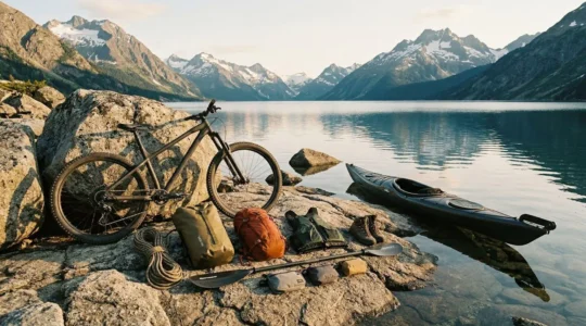 Wilderness adventurer transitioning between mountain biking and kayaking in remote natural setting