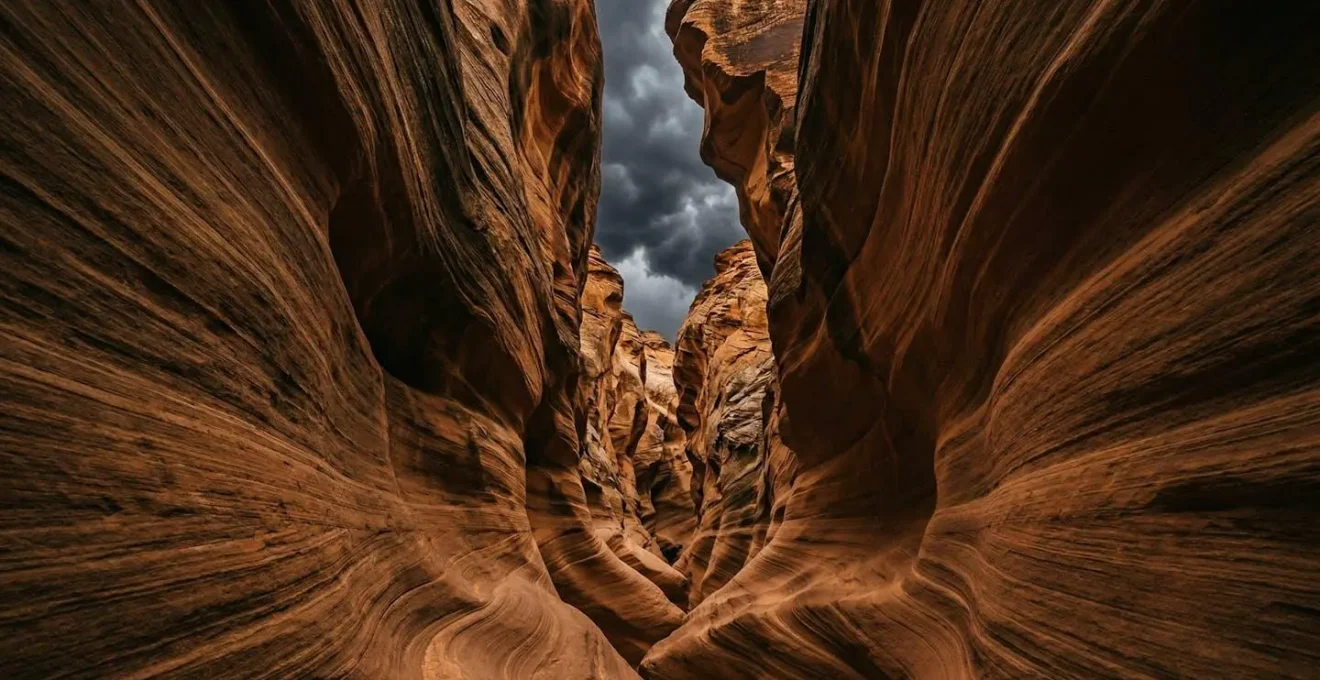 Dramatic view of a narrow slot canyon with towering sandstone walls under an ominous storm-filled sky