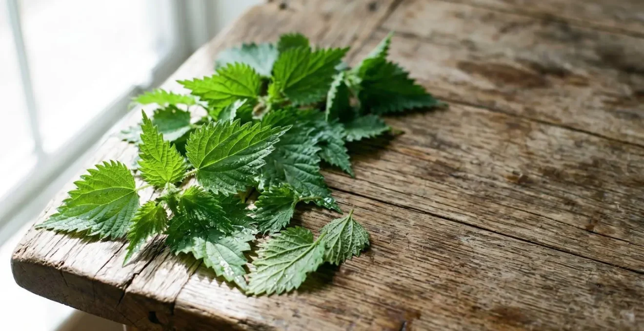 Fresh green nettle leaves artfully arranged on a weathered wood surface, showcasing their serrated edges and fine textures.