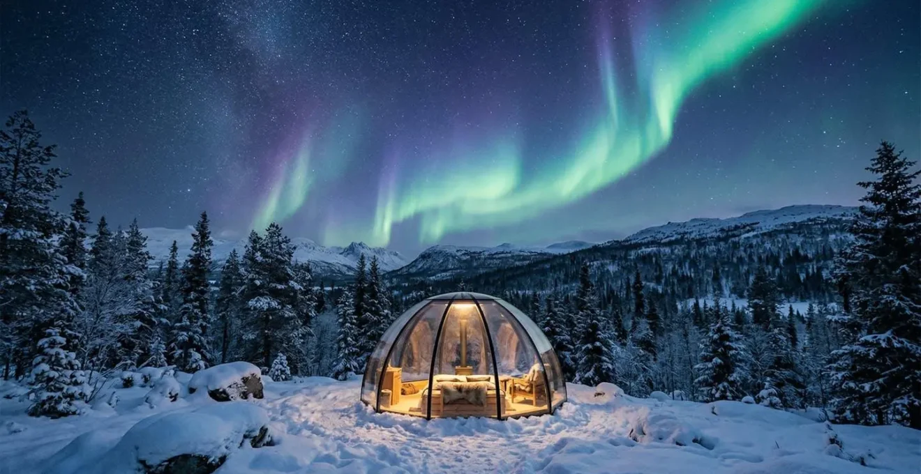 Transparent glass dome accommodation under the northern lights in arctic wilderness with snow-covered landscape