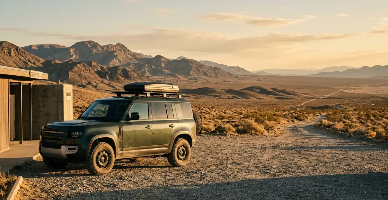 Off-road vehicle being carefully inspected at rental lot before departure for camping trip