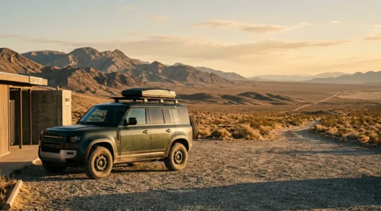Off-road vehicle being carefully inspected at rental lot before departure for camping trip