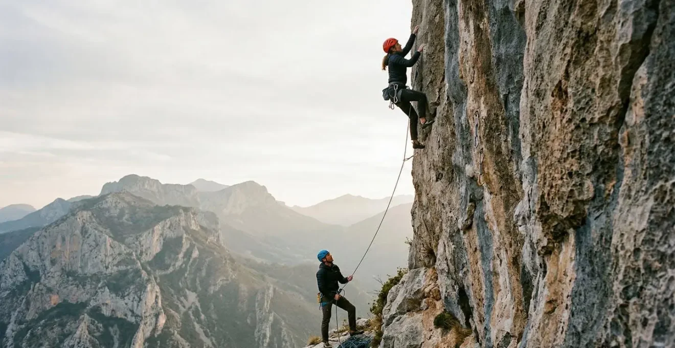 Climber safely ascending natural rock face with proper belay technique and helmet in outdoor mountain setting