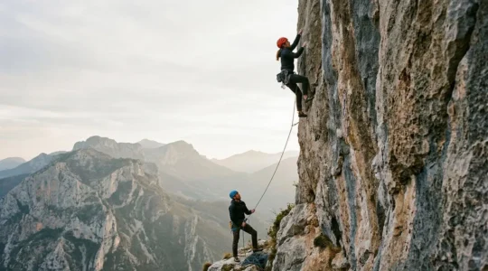 Climber safely ascending natural rock face with proper belay technique and helmet in outdoor mountain setting
