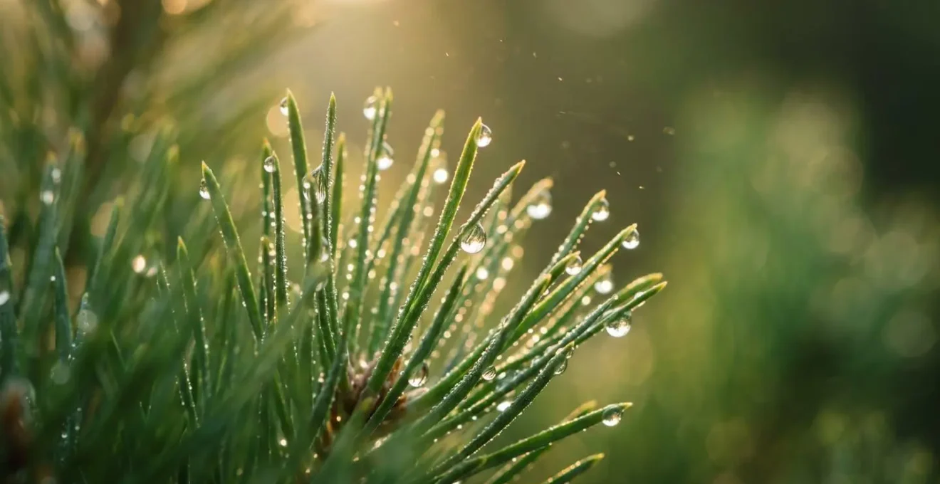 Macro close-up of fresh pine needles with morning dew drops, sunlight illuminating airborne particles representing phytoncides