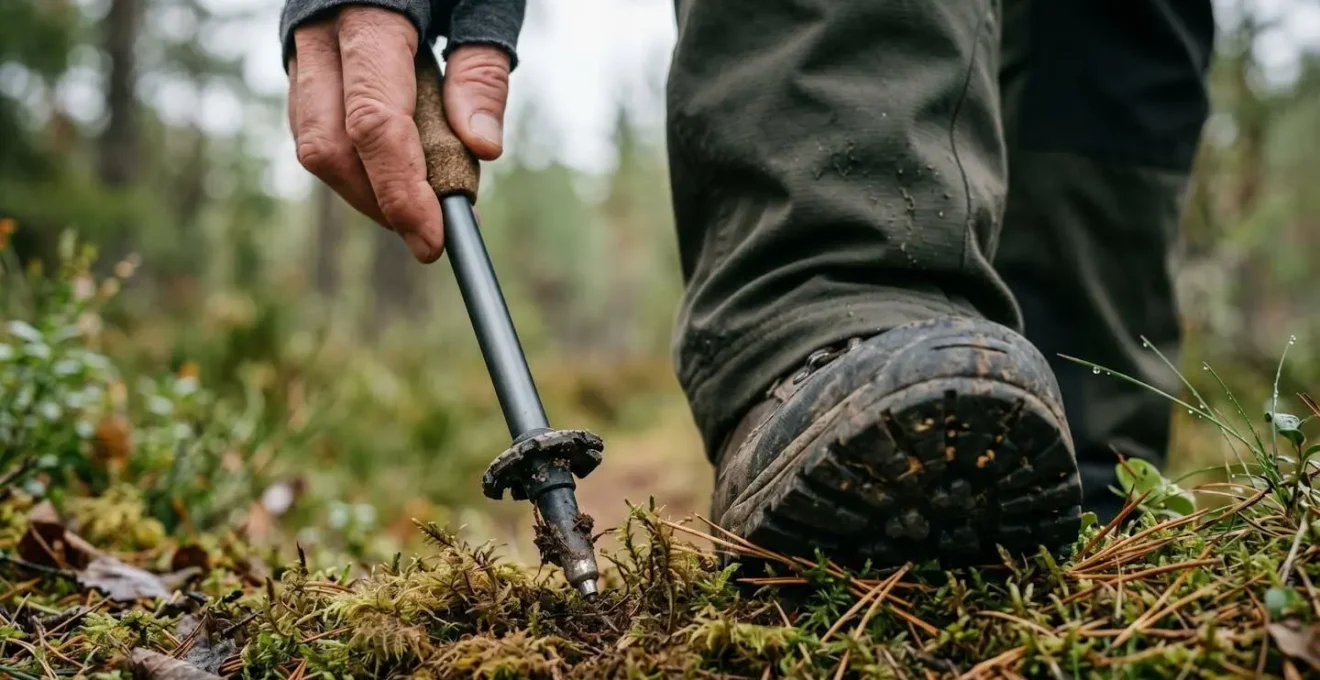 Close-up of hiker using energy-efficient movement technique with hiking poles on steep boreal forest terrain