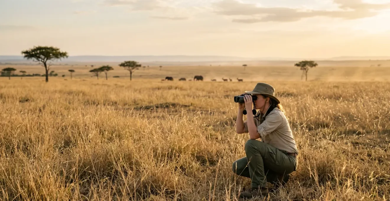 Safari wildlife tracker observing predator behavior in natural habitat during golden hour