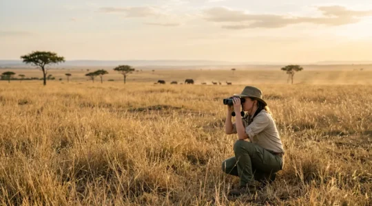 Safari wildlife tracker observing predator behavior in natural habitat during golden hour