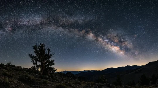 Pristine dark sky showing the Milky Way galactic core rising over remote wilderness landscape for astrophotography