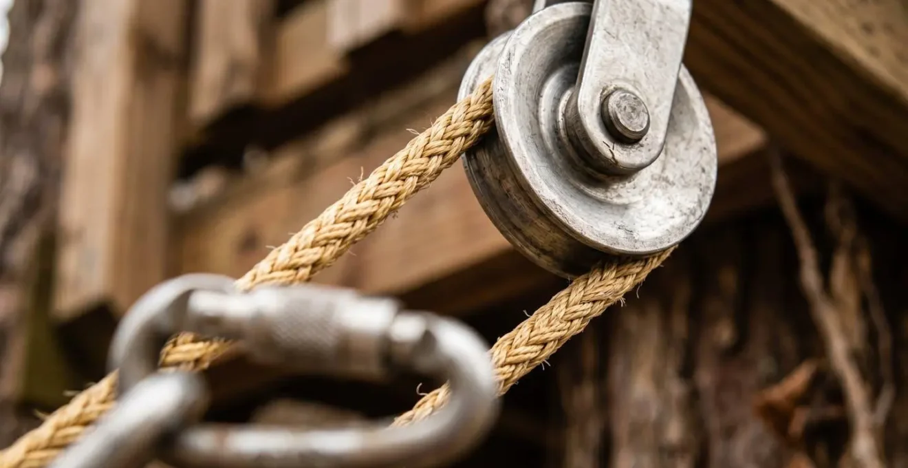 Close-up detail of heavy-duty treehouse pulley mechanism showing rope threading and carabiner attachment point with natural texture