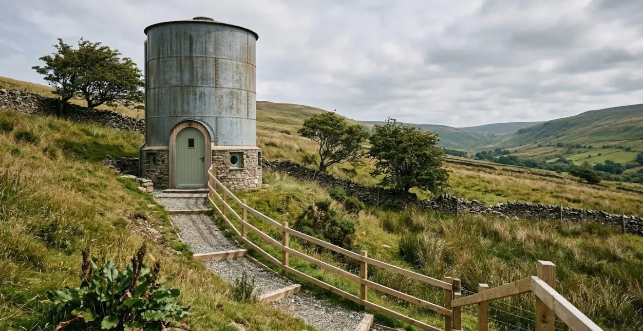 Rustic cave dwelling entrance with natural stone formations and modern safety equipment visible in natural daylight