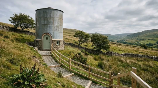 Rustic cave dwelling entrance with natural stone formations and modern safety equipment visible in natural daylight