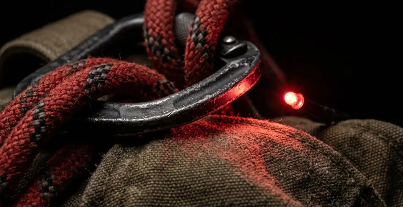 Deep red LED headlamp illuminating camping gear in darkness while preserving scotopic night vision adaptation