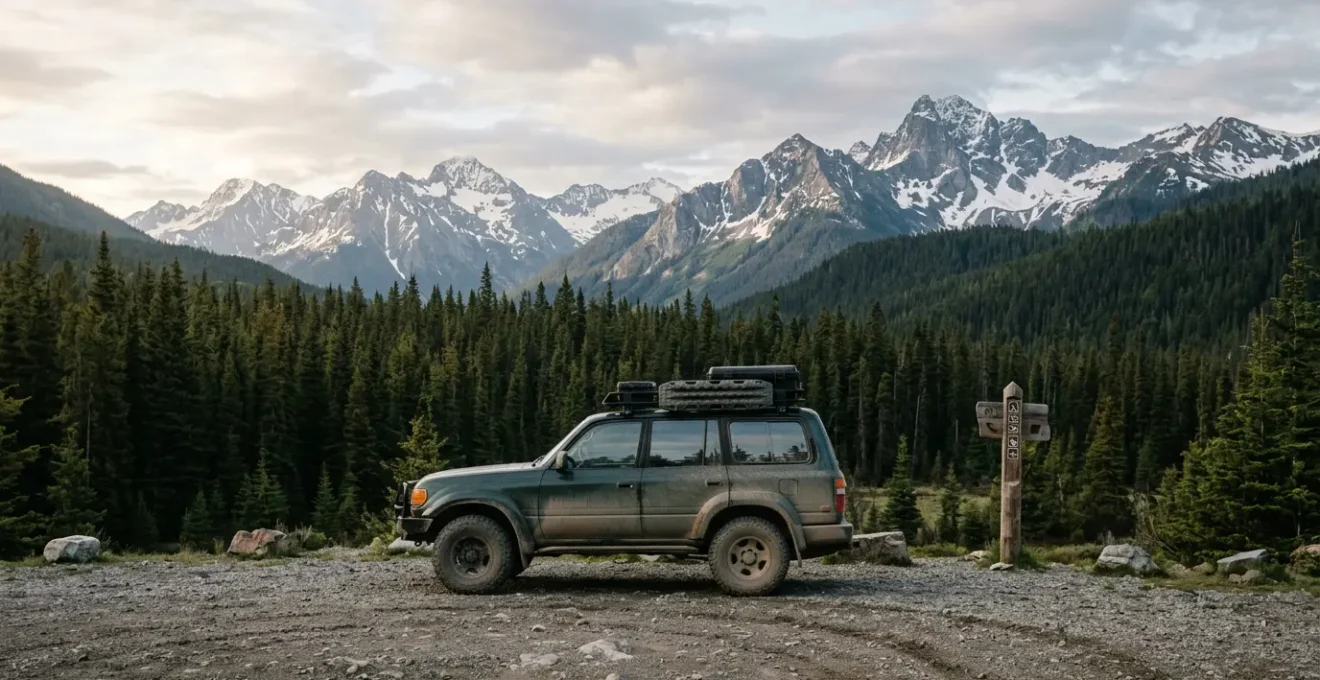 Rugged vehicle parked at isolated mountain trailhead with wide forest landscape and security awareness