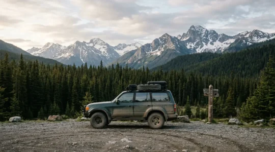 Rugged vehicle parked at isolated mountain trailhead with wide forest landscape and security awareness