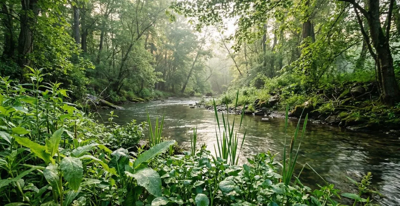 Close-up view of edible wild greens growing along a riverbank with natural light filtering through riparian forest canopy