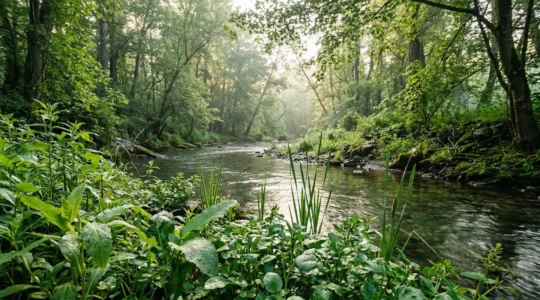 Close-up view of edible wild greens growing along a riverbank with natural light filtering through riparian forest canopy