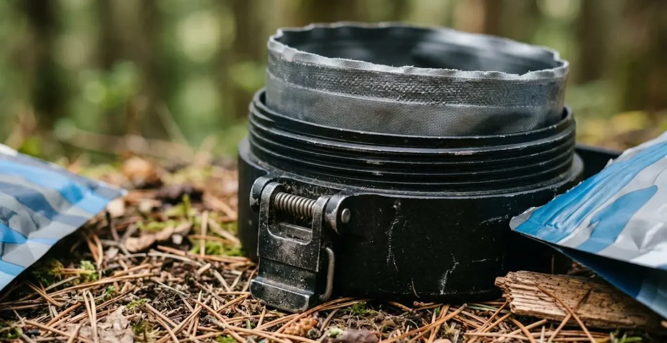 Close-up detailed view of a three-part backcountry food protection system showing layered defense against wildlife