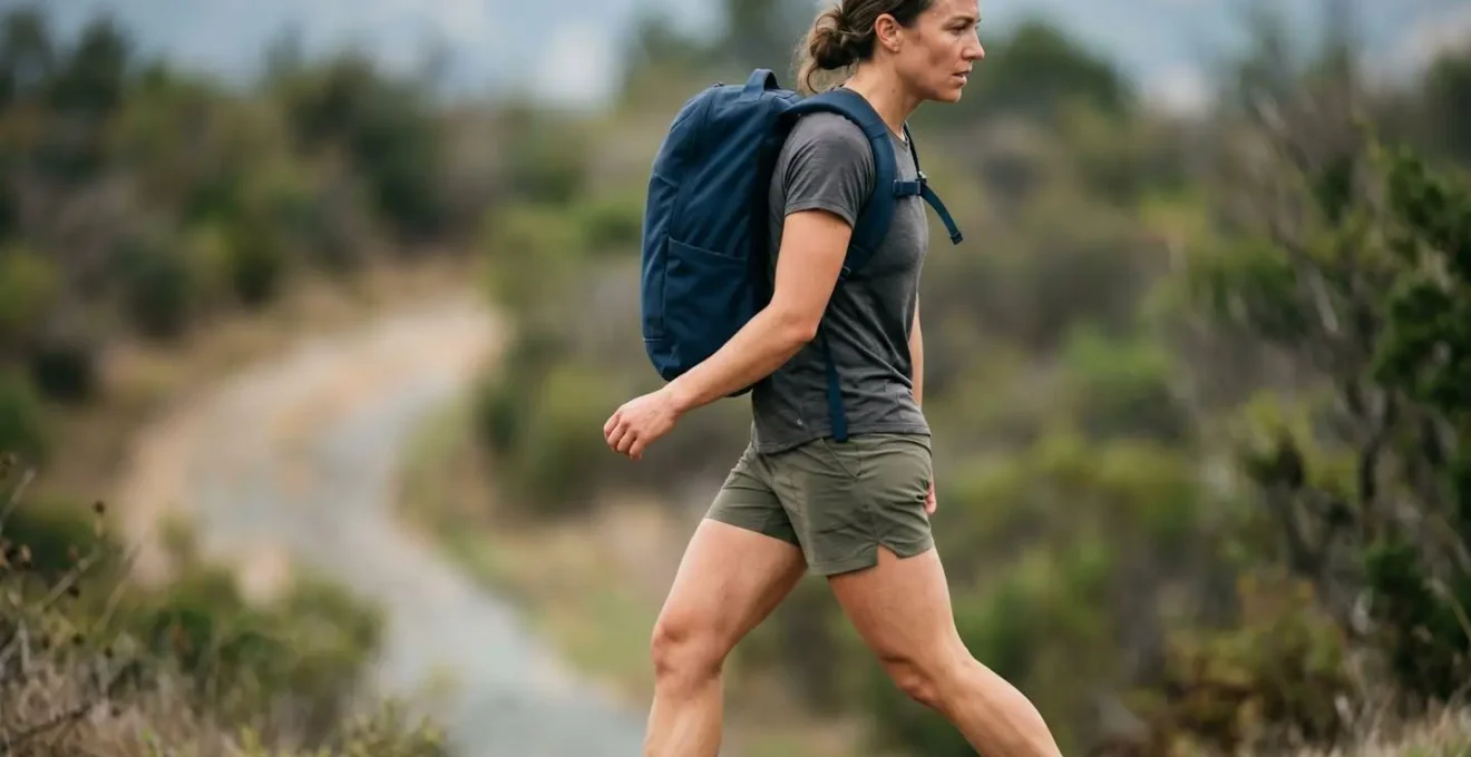 Hiker demonstrating proper rucking form with weighted pack showing correct posture and knee alignment