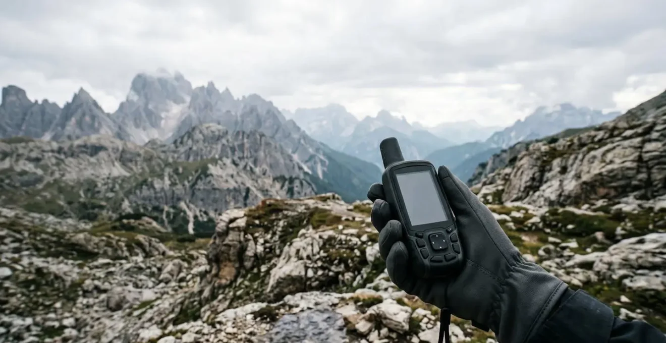 Weathered hands wearing tactical gloves operating physical buttons on rugged GPS unit in harsh outdoor conditions