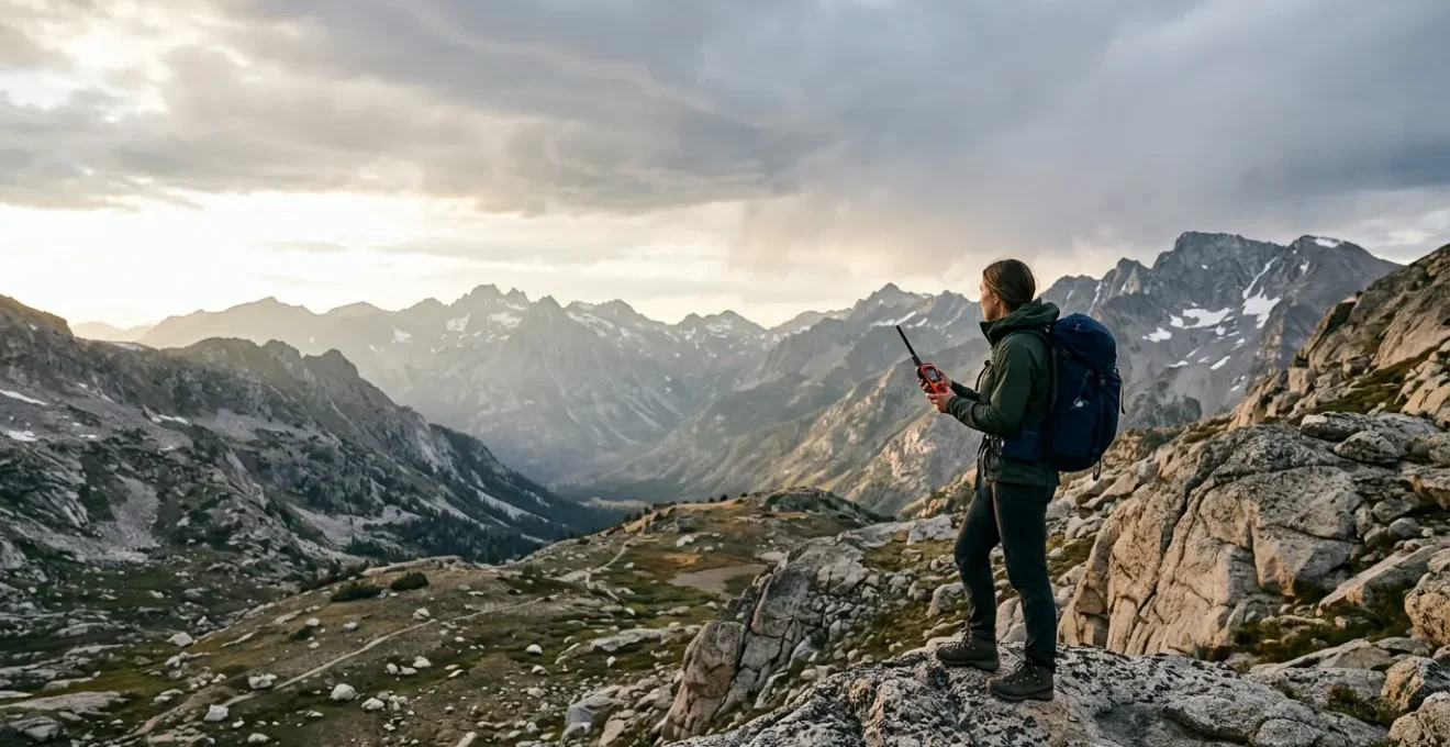 Outdoor adventurer activating GPS emergency beacon in wilderness terrain with clear sky view