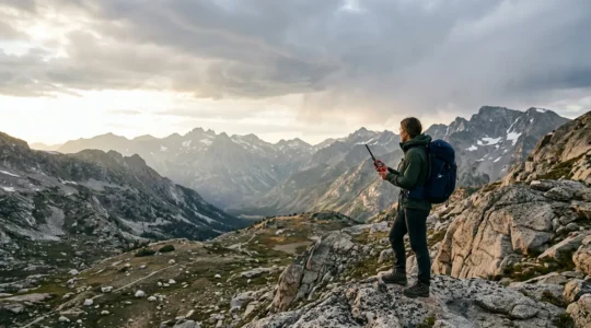 Outdoor adventurer activating GPS emergency beacon in wilderness terrain with clear sky view