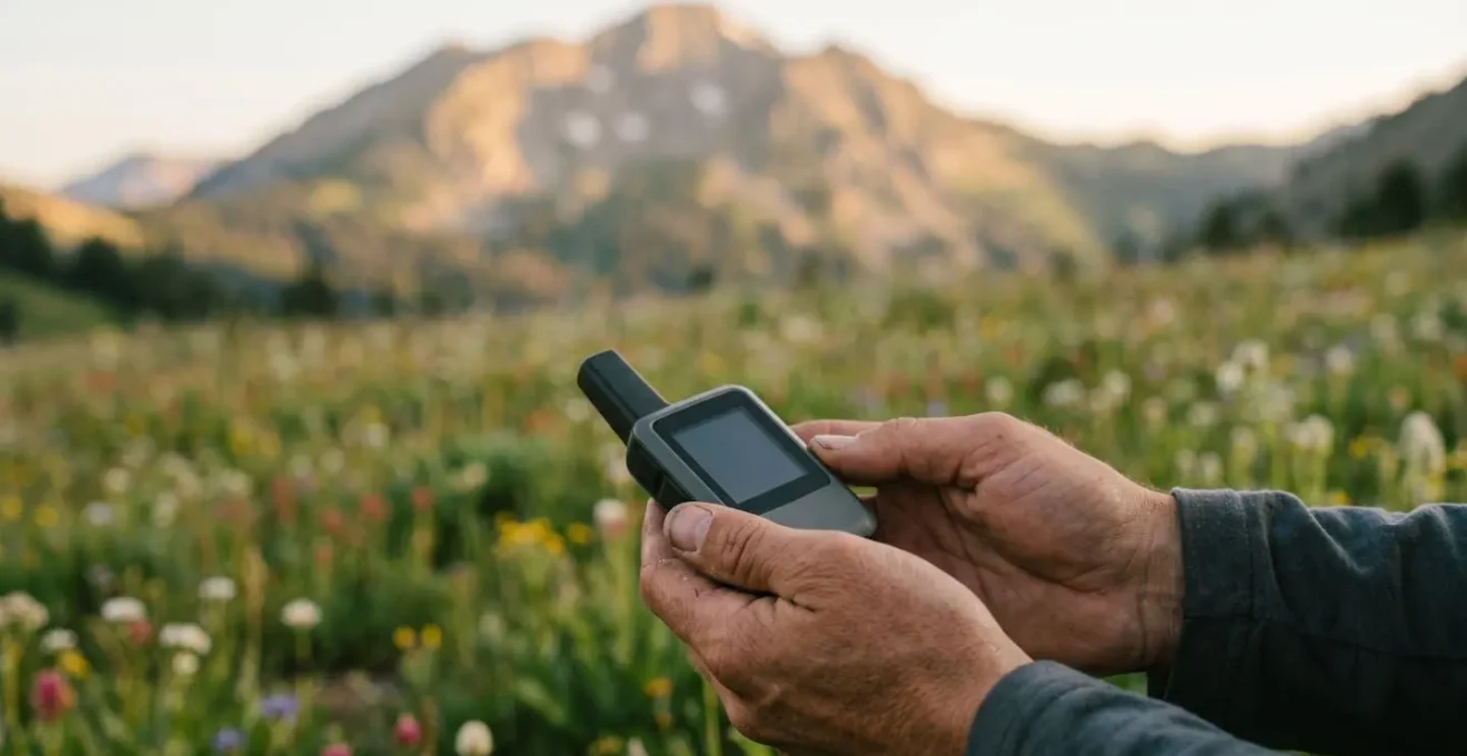 Hiker's hands holding compact satellite messenger device in power-saving mode against mountain landscape background