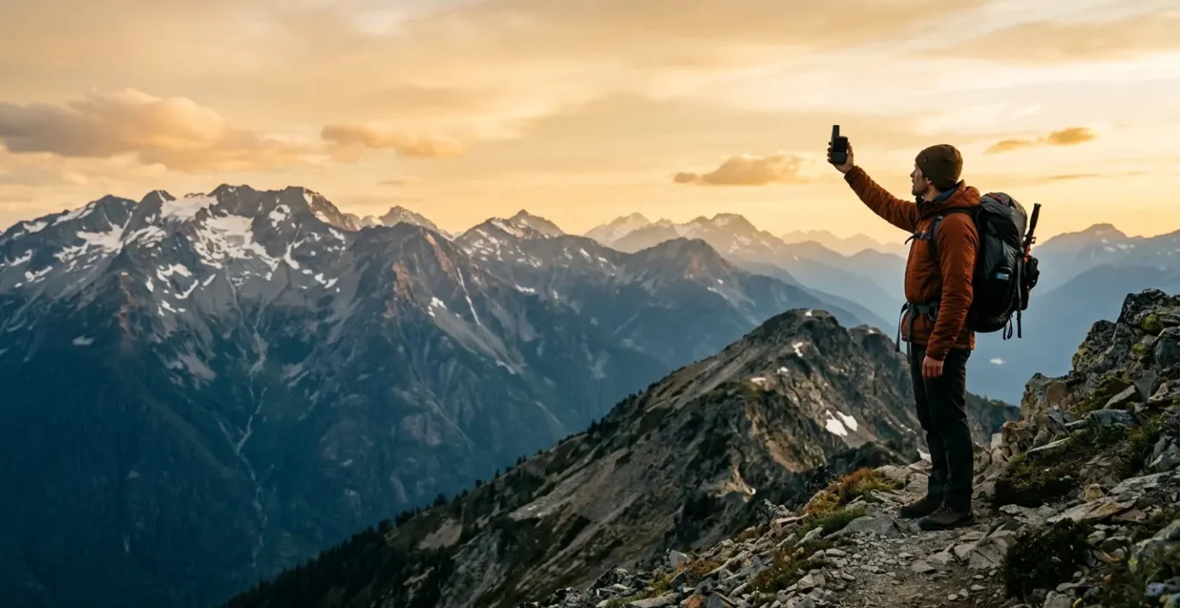 Adventurer using satellite messenger device in remote mountain wilderness at dusk