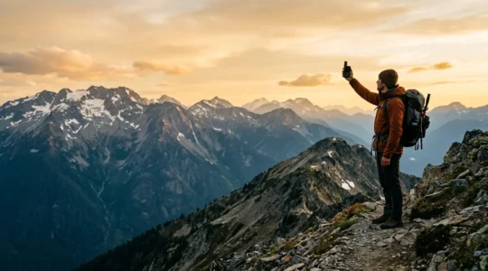 Adventurer using satellite messenger device in remote mountain wilderness at dusk
