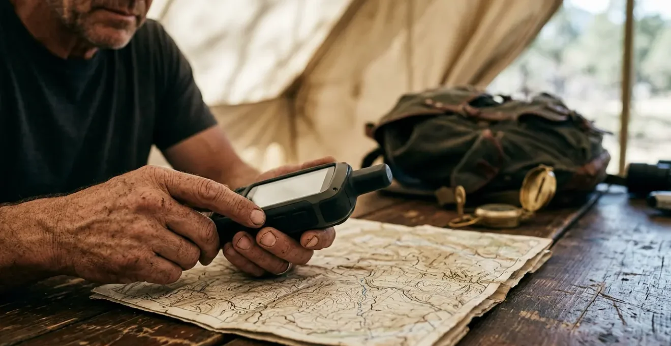 Hands configuring GPS device settings with topographic map spread on camping table in wilderness