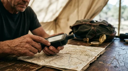 Hands configuring GPS device settings with topographic map spread on camping table in wilderness