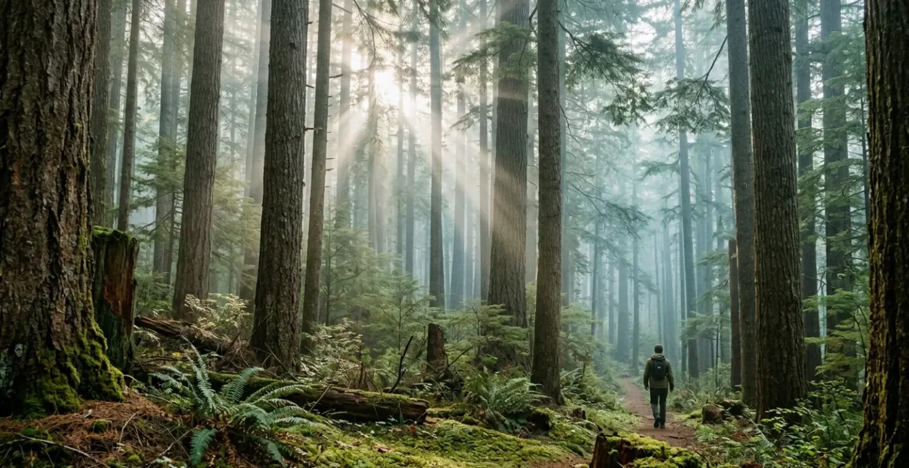Serene forest atmosphere with sunlight filtering through conifer canopy, highlighting airborne particles and natural compounds in pristine forest environment
