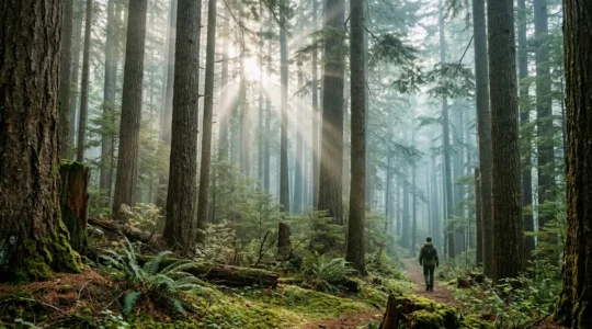 Serene forest atmosphere with sunlight filtering through conifer canopy, highlighting airborne particles and natural compounds in pristine forest environment