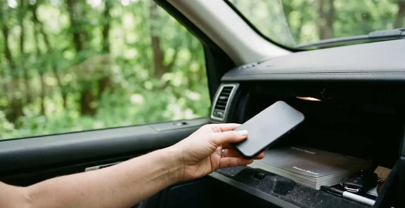 Close-up of hand placing smartphone into car glove compartment with forest visible through windshield, symbolic separation from technology