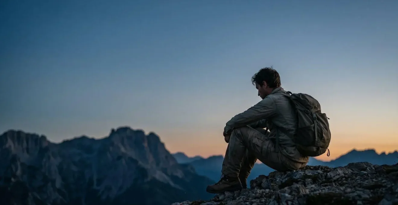 Lone hiker silhouette sitting at mountain summit edge gazing at vast wilderness during blue hour