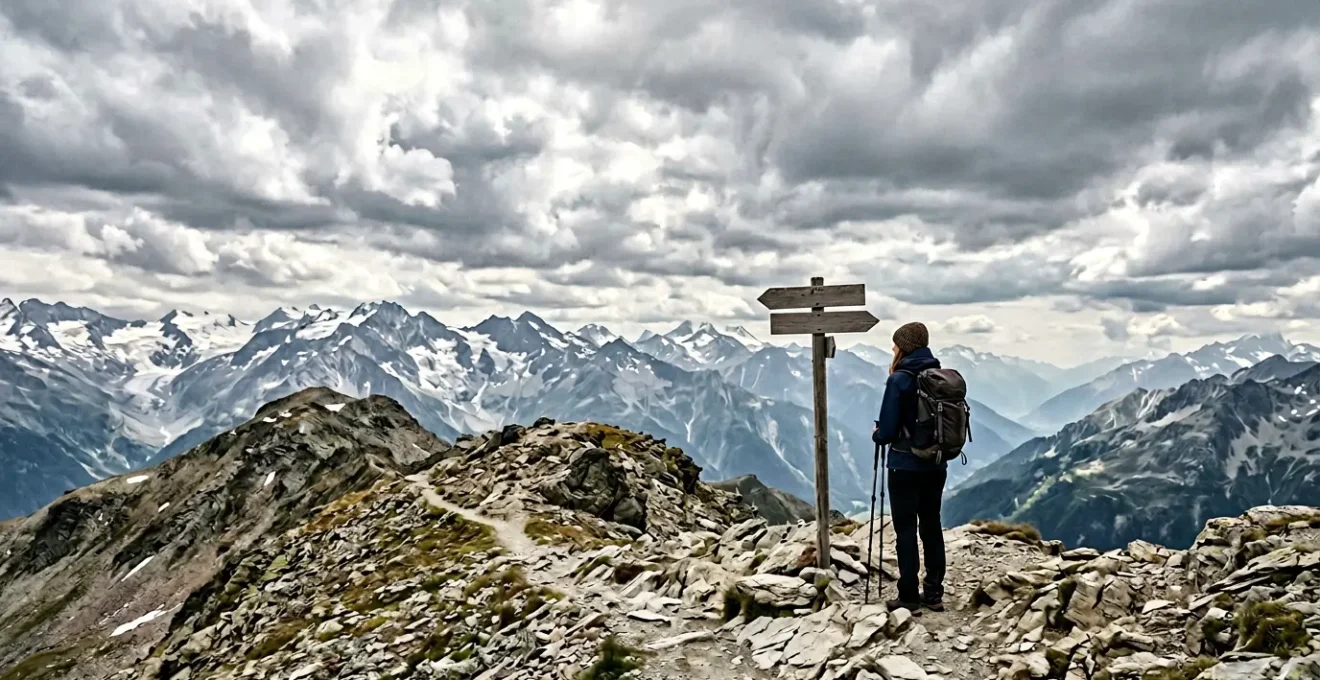 Lone hiker on exposed mountain ridge evaluating weather conditions and route choice