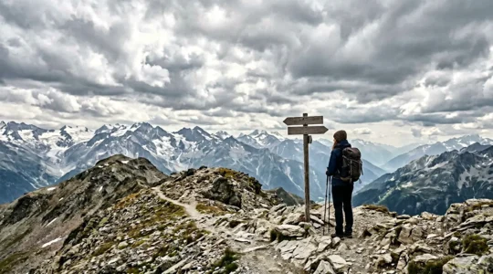 Lone hiker on exposed mountain ridge evaluating weather conditions and route choice