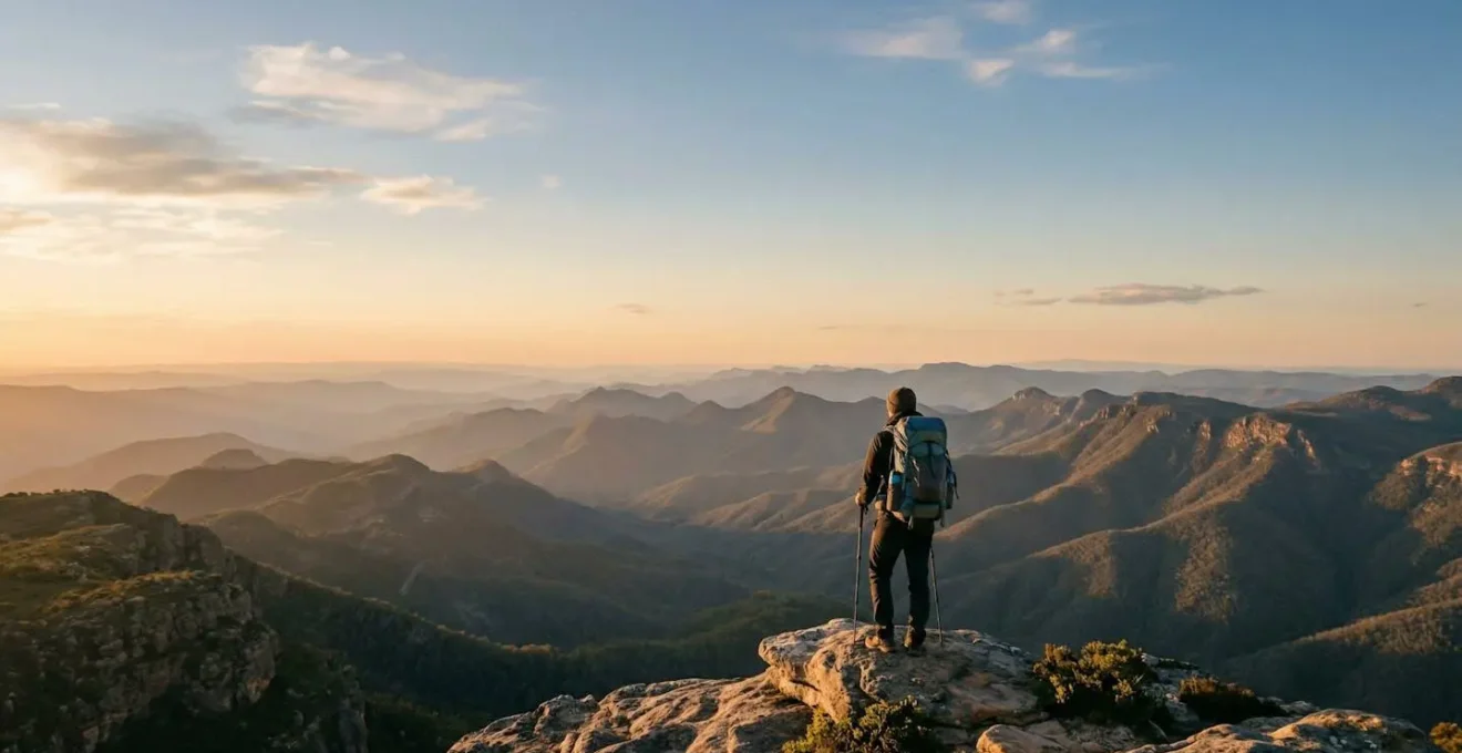 Solo backcountry hiker overlooking vast mountain wilderness during golden hour, embodying mental preparation for solitude