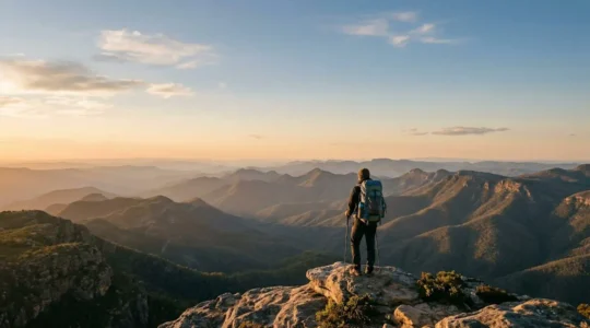 Solo backcountry hiker overlooking vast mountain wilderness during golden hour, embodying mental preparation for solitude