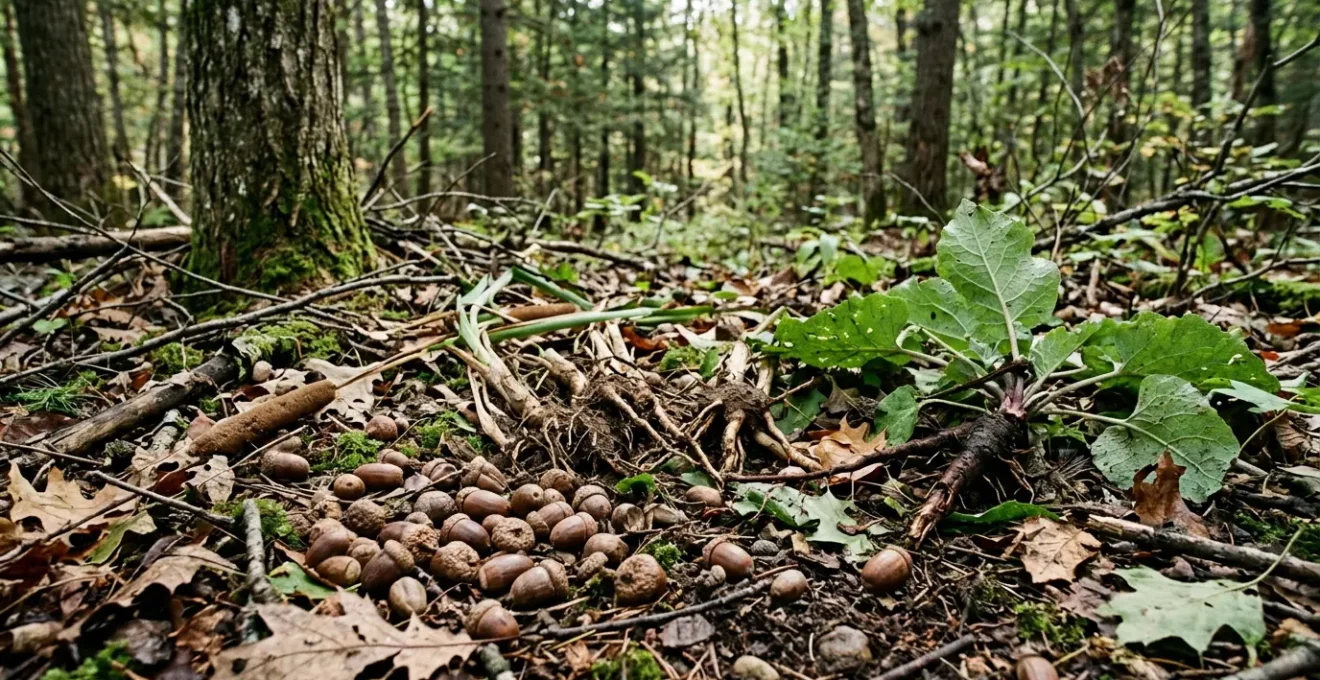 Hands carefully examining wild edible plant roots and nuts in a natural forest setting