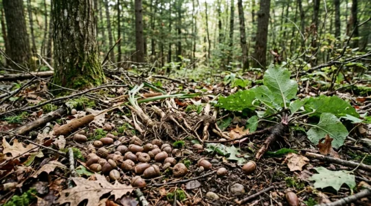 Hands carefully examining wild edible plant roots and nuts in a natural forest setting