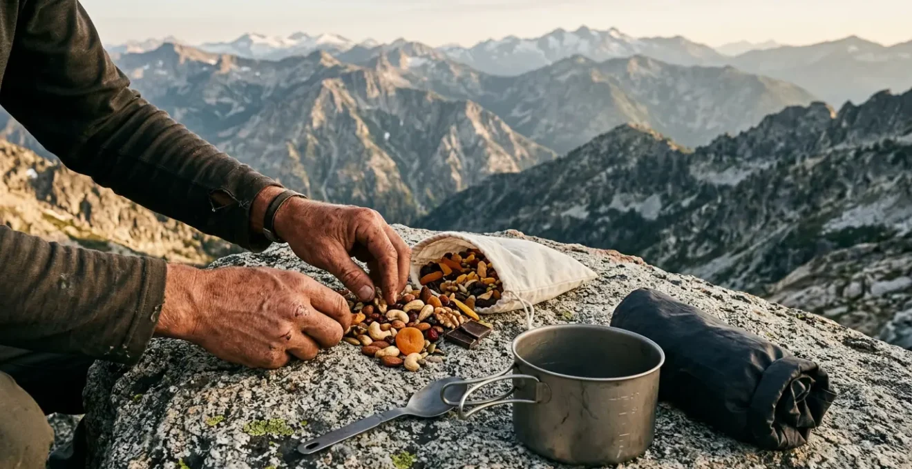 Thru-hiker preparing high-calorie trail food with mountain wilderness backdrop during golden hour