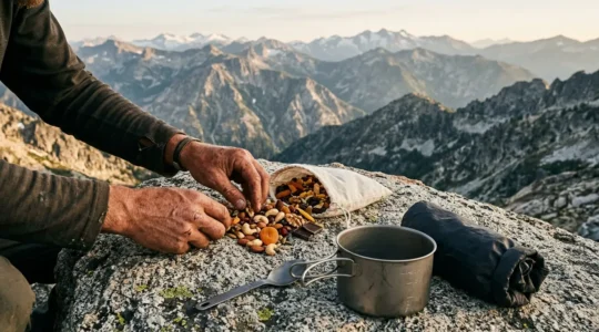 Thru-hiker preparing high-calorie trail food with mountain wilderness backdrop during golden hour